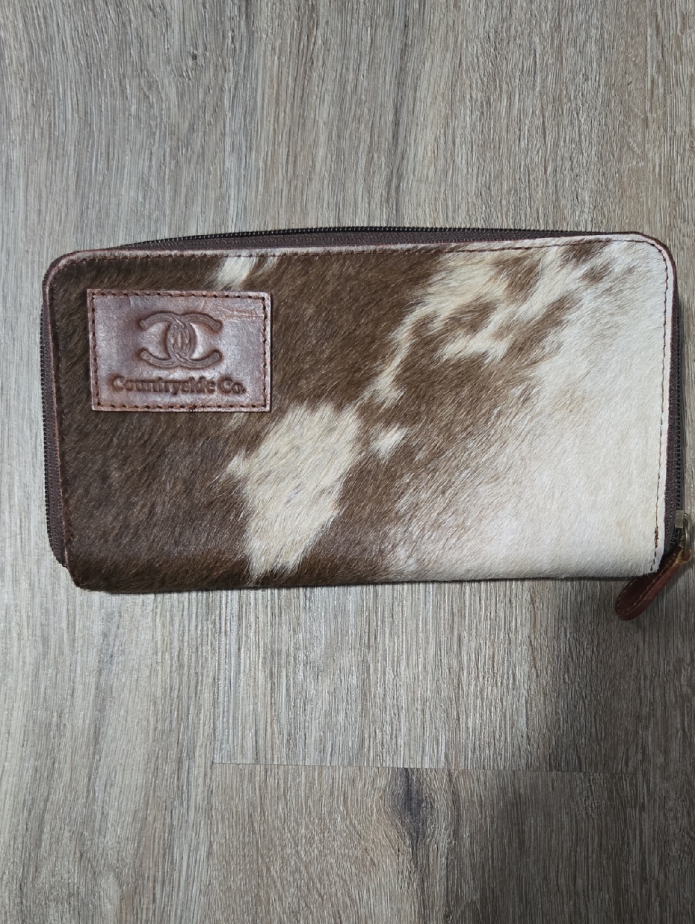 Brown and Cream Cowhide Zip Wallet